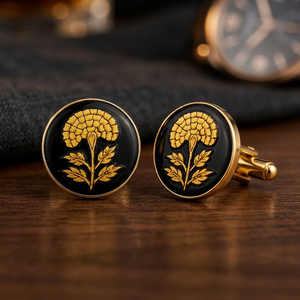 Boutons en laiton émaillé faits à la main - Motif fleur de souci dorée, base noire, finition dorée, fabriqués au Rajasthan pour hommes, idéal pour les fêtes d'anniversaire - Product Image 5