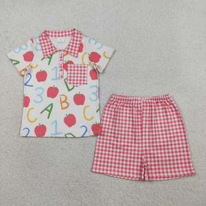 Conjunto de Ropa de Algodón y Seda de Leche para el Regreso a Clases de Longlv, Top con Estampado de Manzanas y Letras ABC con Pantalones Cortos a Cuadros - Product Image 2