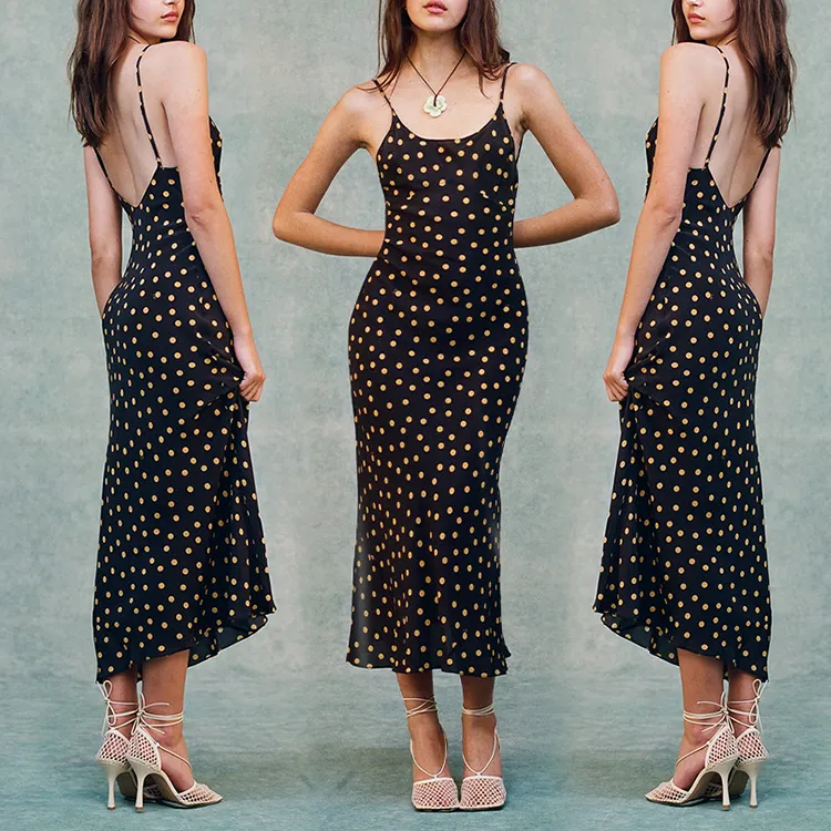 Clothing manufacturer casual floral dress elegant wholesale slip lace up midi black dress custom summer polka dot dresses women