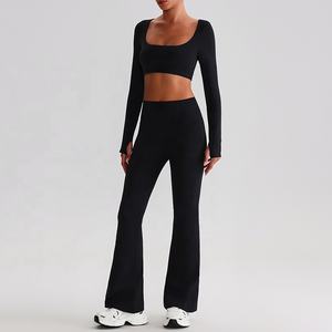 Femmes taille haute réversible respirant Yoga Fitness porter 2 pièces ensemble couleur unie mode vêtements de sport - Product Image 5