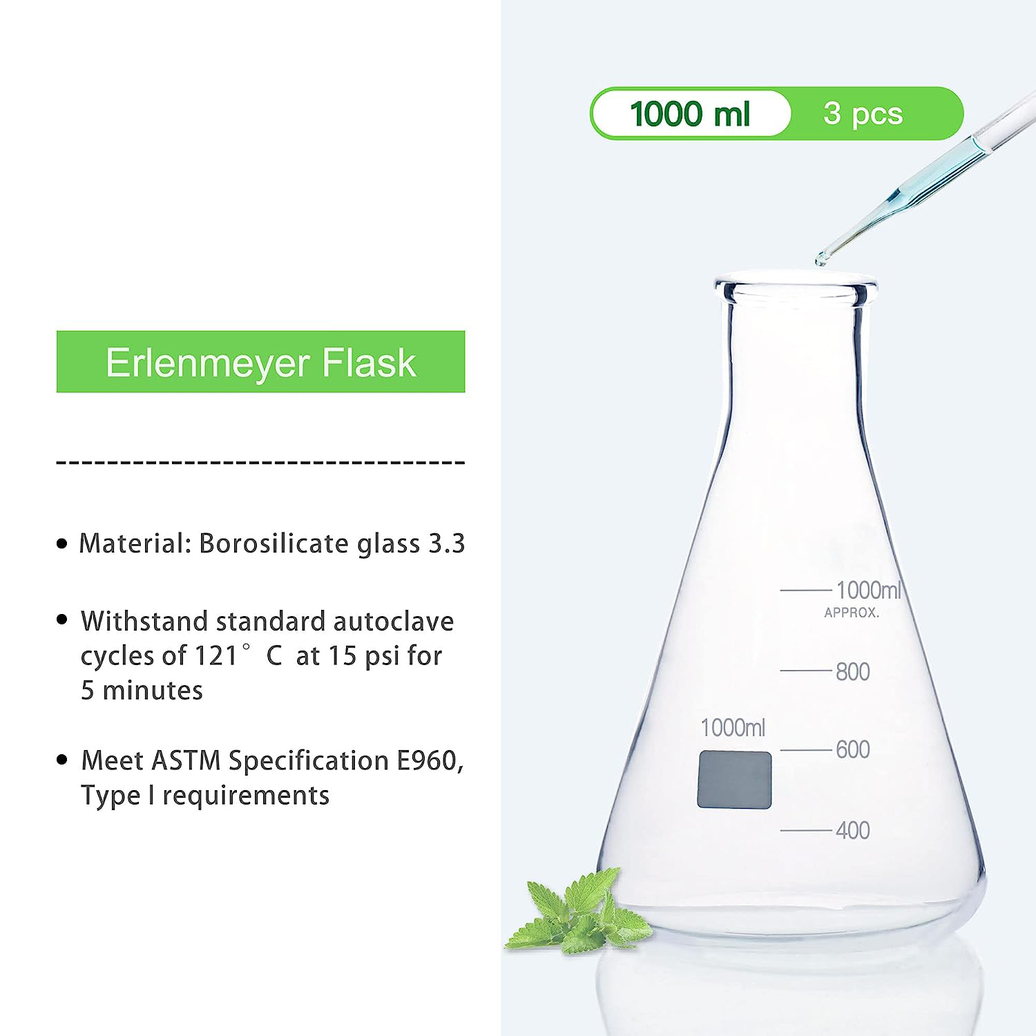 1000ML Erlenmeyer Flask Borosilicate 3.3 Glass - Laboratory Quality Heat Resistant Flask By USAlab