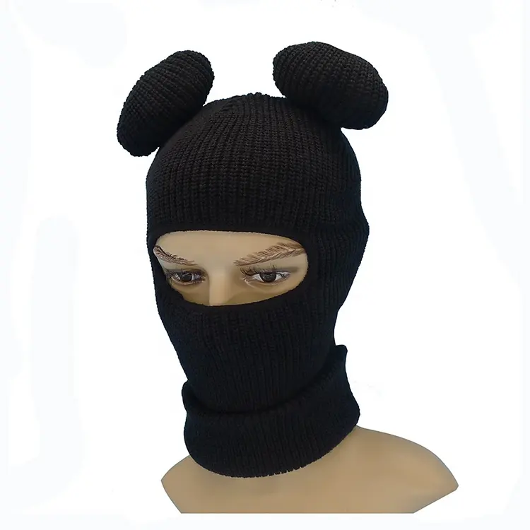 Wholesale face ski mask custom knit balaclava hoodie with ears one hole skimask holiday hat outdoor winter hats unisex