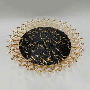Custom 30cm 35cm Serving Tray Nordic Gold Decorative Black Marbled Round Serving Trays