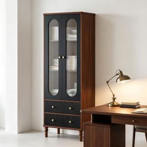 Mid Century Modern Wood Living Room Cabinet With Glass Doors And 2 <b>Drawers</b> <b>Storage</b> Unit <b>For</b> Home Furniture - Product Image 5