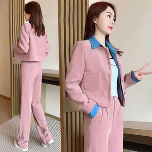 Women's Corduroy Suit Set Long Sleeve Top Wide Leg Pants Purple Casual Anti-Wrinkle Two Piece Outfit JN8221 - Product Image 2