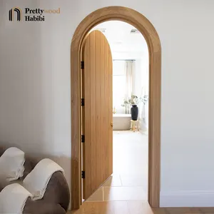 Prettywood Vertical Design Solid Wooden Arched Door Interior Room Door Bedroom Round Top Door