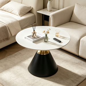 Table d'appoint ronde de luxe, plateau en pierre frittée blanche, base conique noire, table de salon, table d'appoint d'hôtel - Product Image 4