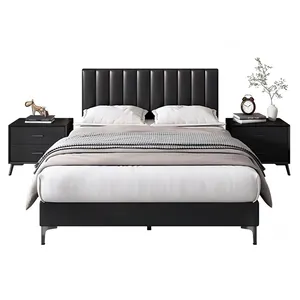 Meubles de chambre à coucher bon marché Lit double en bois Cadre de lit Queen Size Lit en cuir haut de gamme