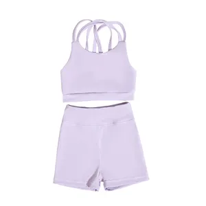 Custom Embroidery Kids Sport Set Elastic Waistband Solid Colors Cross Strap Kids Girls Yoga Outfit Wear Baby Sport Yoga Set
