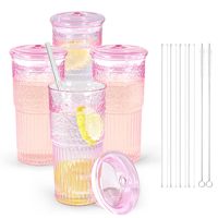 Ensemble de verres à boire vintage côtelés pour jus, café glacé, bière, cocktail, soda, verres de 20 oz, lot de 4 avec couvercles en verre et pailles