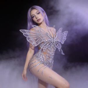 Combinaison en maille transparente avec ailes de papillon 3D en strass argentés, costume de scène pour femmes, tenue de danse pour drag queen - Product Image 1