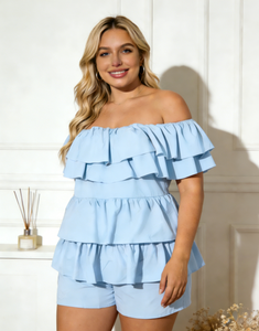 Mono de punto de talla grande azul claro con hombros descubiertos y volantes escalonados - Mono casual de verano de una pieza para mujer, ajuste regular - Product Image 2