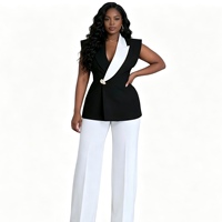 Ensemble coordonné 2 pièces pour femme : Gilet blazer asymétrique sans manches color block et pantalon large – Marque privée Sehe Fashion