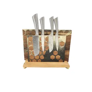 Premium ahşap ev mutfak güçlü manyetik bıçak bloğu bıçak tutucu epoksi dekoratif kesme tahtası ile set