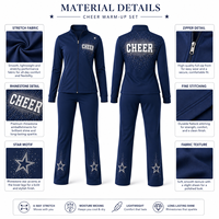 Setelan Pemanasan Cheer Custom Biru Dongker dengan Logo Berhias Rhinestone di Kedua Sisi, Jaket Full Zip, Celana Straight Leg, Set Latihan Tim