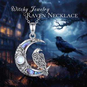 Changda Animal Lover Moon Norse Amulet 925 Sterling Silver Madre de perla Moonstone Viking Crow Ravens Colgante Collar - Product Image 6