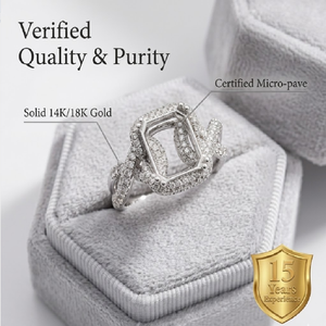Monture de bague semi-montée en or massif 18 carats avec halo taille émeraude, bande pavée torsadée croisée unique, pour fiançailles, MOQ 1 pièce - Product Image 3