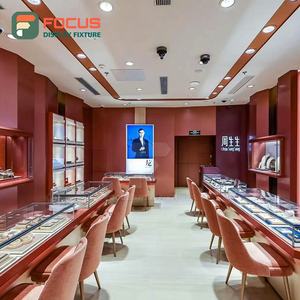 Premium Red Finish <b>Jewelry</b> Counter Glass Display <b>Cabinet</b> Luxury Modern Commercial High End LED Light Jewellery Store Furniture - Product Image 1