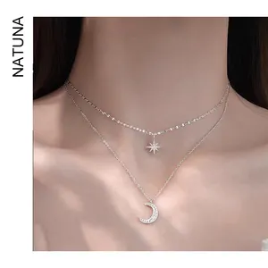 Natuna 925 Sterling Silver Layered Necklace Chain Star Moon Necklace Zircon Vermeil Pendant 925 Silver Jewelry Zircon Necklace