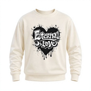 Men's Cream Crewneck Cotton Pullover <b>Soft</b> Knit Ribbed Cuff Heart Print <b>Hoodie</b> - Product Image 1