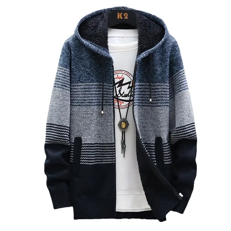 Best Selling Autumn and Winter New Fashion Trend Sweater Plus Fleece Thick Coat Knitted Cardigan Warm Sweater Men