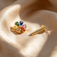 Anting-anting labret titanium berlapis emas ASTM F136 bentuk bunga, kualitas implan, ulir, untuk bibir, hidung, telinga, dengan zircon warna-warni, cocok untuk hadiah
