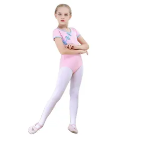 Самый дешевый хлопок с коротким рукавом танцевальная одежда для балета и практики танцевальные трико для девочек