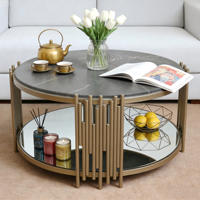 Dessus de table moderne et luxueux en pierre de marbre avec étagère inférieure en miroir et décoration aux lignes dorées Table basse pour le salon, la chambre et la salle à manger