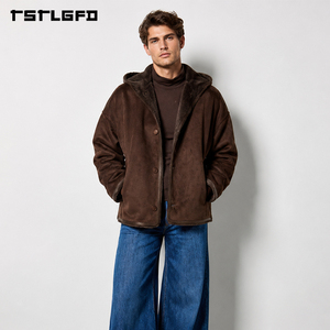 Cut And Sew Reversible Faux Fur <b>Suede</b> <b>Jacket</b> Brown Hooded Winter Oversized Double Sided Streetwear Coat Wholesale Bulk - Product Image 3