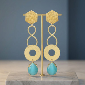 Nouvelles boucles d'oreilles pendantes ethniques de créateur, plaquées or, avec pierres précieuses turquoise, faites à la main - Product Image 2