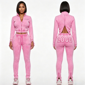2026 New Y2K Women Two Piece <b>Set</b> Heavyweight Cotton Fleece Cropped Zip Hoodie and Flared Joggers <b>Set</b> Streetwear Tracksuit - Product Image 2