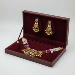 Ensemble de collier ras-de-cou traditionnel plaqué or avec perles roses et boucles d'oreilles assorties, bijoux de mariage pour femmes - Product Image 4