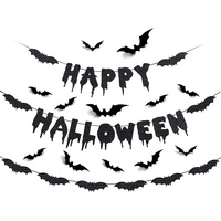 Noir paillettes joyeux Halloween bannière chauve-souris bannière et 12 pièces chauve-souris stickers muraux fenêtre autocollants Halloween décor