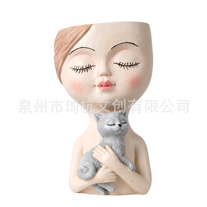 แจกันเรซิ่นรูปเด็กผู้หญิงถือแมวและสุนัข  กระถางดอกไม้รูปหน้าคน สไตล์โบฮีเมียน 2 ชิ้น ของตกแต่งห้องนั่งเล่น - Product Image 5