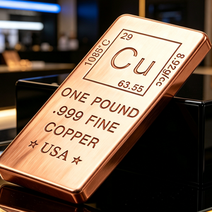 Lingot de cuivre fin .999 d'une livre, gravé avec le symbole Cu de la table périodique et la marque étoile américaine, objet de collection - Product Image 1