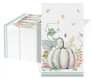 16 pak kertas musim gugur sekali pakai dekoratif serbet tamu, daun Thanksgiving handuk tangan labu putih untuk pesta dapur kamar mandi