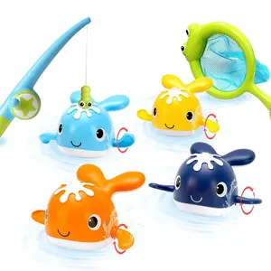 Magnet Baby Bath Fishing Toys Wind-up Swimming Whales Bathtub Game Water Tub Toy Set With Fishing Pole And Net For Toddler Kids