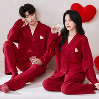 Nouvel ensemble pyjama deux pièces en coton respirant rouge vif uni pour couple, collection Printemps/Automne 2026, Année du Zodiaque