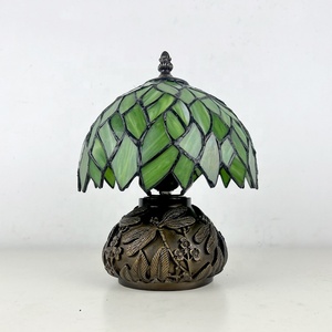 LongHuiJing Tiffany Mini Stained Glass Table Lamp Green Wisteria Leaf Style Mushroom Table Lamp Sympathy Memorial Lamp 8 Inch - Product Image 4