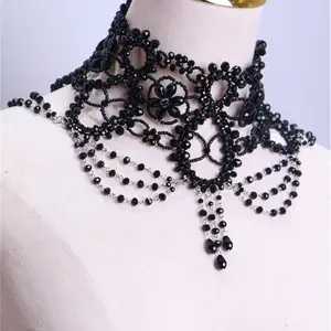 Vintage Victoria Style Bling Black Crystal Rhinestone Long Tassel Choker Necklace Statement Wedding Necklace for Women Prom