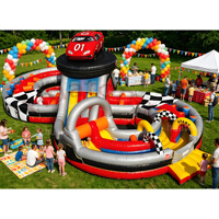 Structure gonflable géante commerciale d'extérieur, combo de jeux de carnaval, parcours d'obstacles gonflable à thème automobile pour enfants avec toboggan, pour la location événementielle