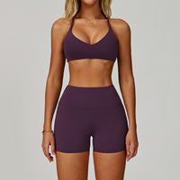Ensemble de sport 2 pièces : Soutien-gorge de sport à col en V et dos croisé, short de yoga extensible effet push-up et contrôle du ventre, séchage rapide