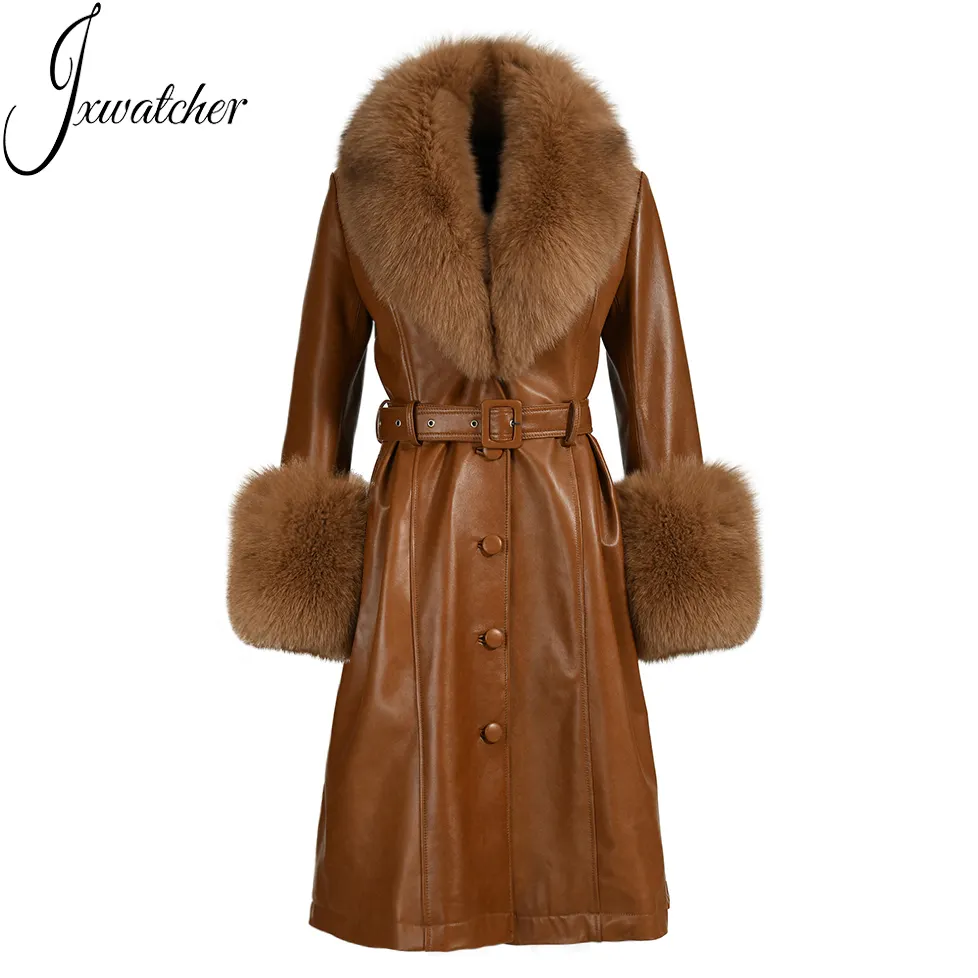 Over The Knee Echte Lederjacke mit Fox Pelz kragen Manschetten Luxus lange Wind jacke Schaffell Trench Women Real Leather Coat