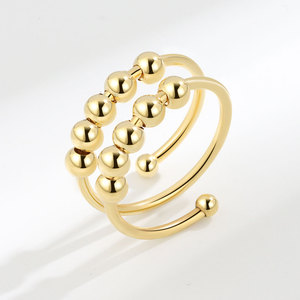 Anillo Geométrico Ajustable de Doble Capa con Cuentas Giratorias Antiestrés, Liso y Simple, Chapado en Oro sobre Cobre - Product Image 2