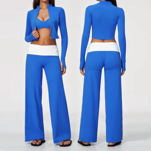 Conjunto Deportivo de 2 Piezas para Mujer, Top Corto sin Mangas de Poliéster Azul a Rayas, Pantalones Acampanados de Cintura Alta, Transpirable - Product Image 1