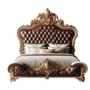 Lit capitonné à boutons au design unique avec cadre en bois gravé classique, meubles de chambre à coucher de style antique - Product Image 2