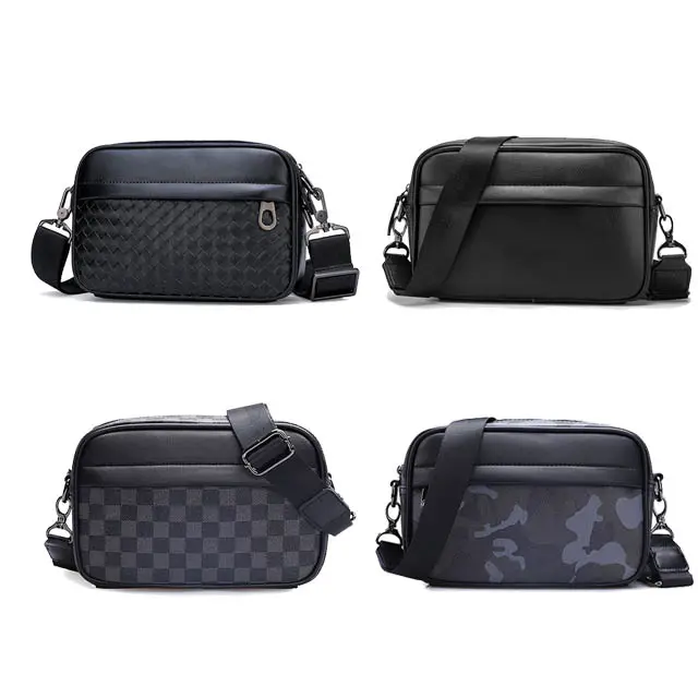 1 Moq Luxury Brand Style Pu Messenger Bag Leather Crossbody Bags Fashion Small Black Plaid Check Geometric Shoulder Bag For Men