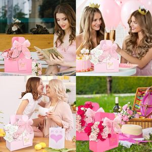 Sacs cadeaux roses pour la fête des mères, porte-gobelets avec poignée pour 2 tasses, emballage floral en kraft, boîte de rangement en papier, paniers - Product Image 5