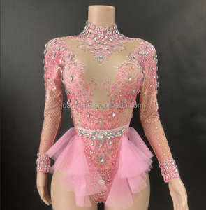 Robe de danse sexy et brillante avec strass, combinaison en tulle rose élastique amincissante, <span class=keywords><strong>costume</strong></span> de scène - Product Image 4