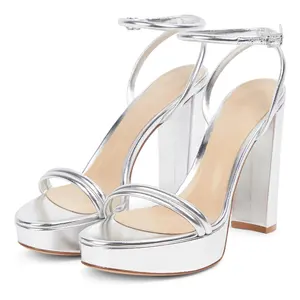 Plus Size Fashion Simple Wedding Bridal Shoes Silver Platform High Heels Chunky Heel Summer Ladies Party Sandals